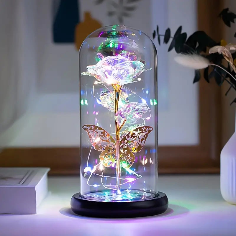 Light Up Galaxy Rose with Pink Butterfly in Glass Dome