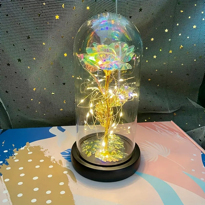 Light Up Galaxy Rose with Pink Butterfly in Glass Dome