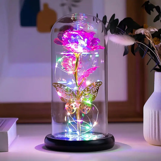 Light Up Galaxy Rose with Pink Butterfly in Glass Dome