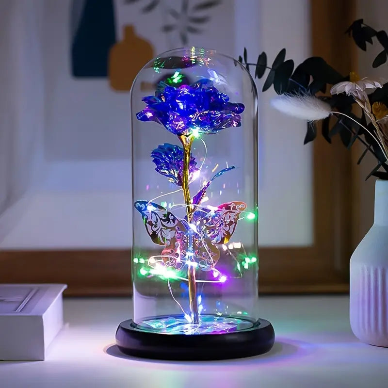 Light Up Galaxy Rose with Pink Butterfly in Glass Dome