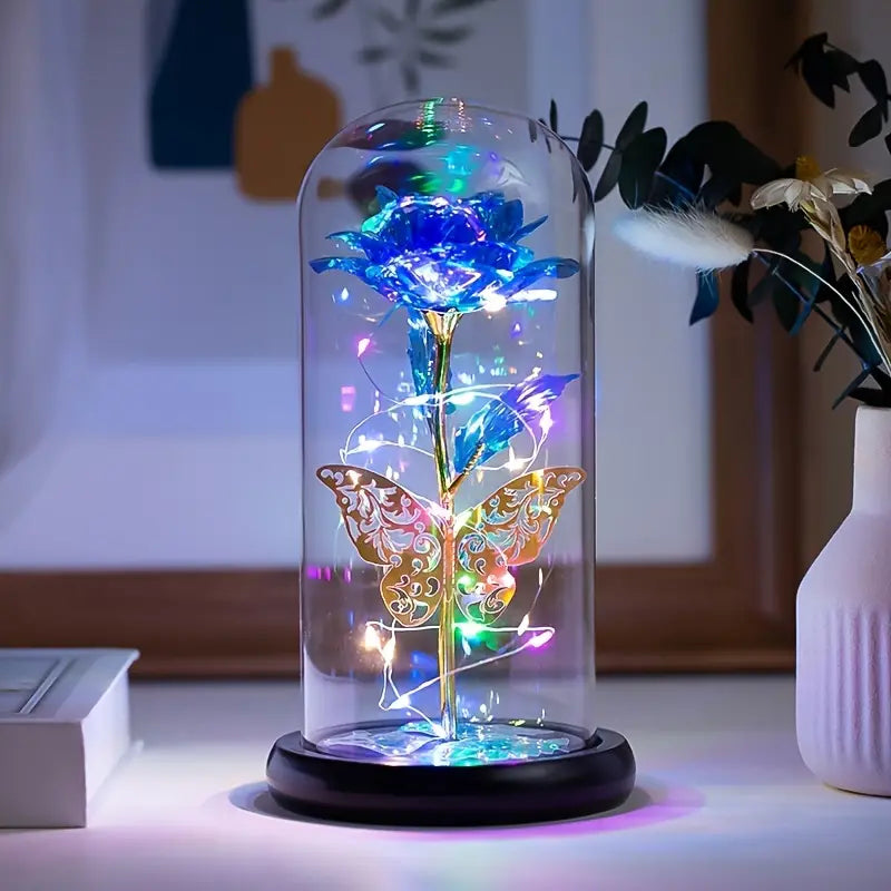 Light Up Galaxy Rose with Pink Butterfly in Glass Dome