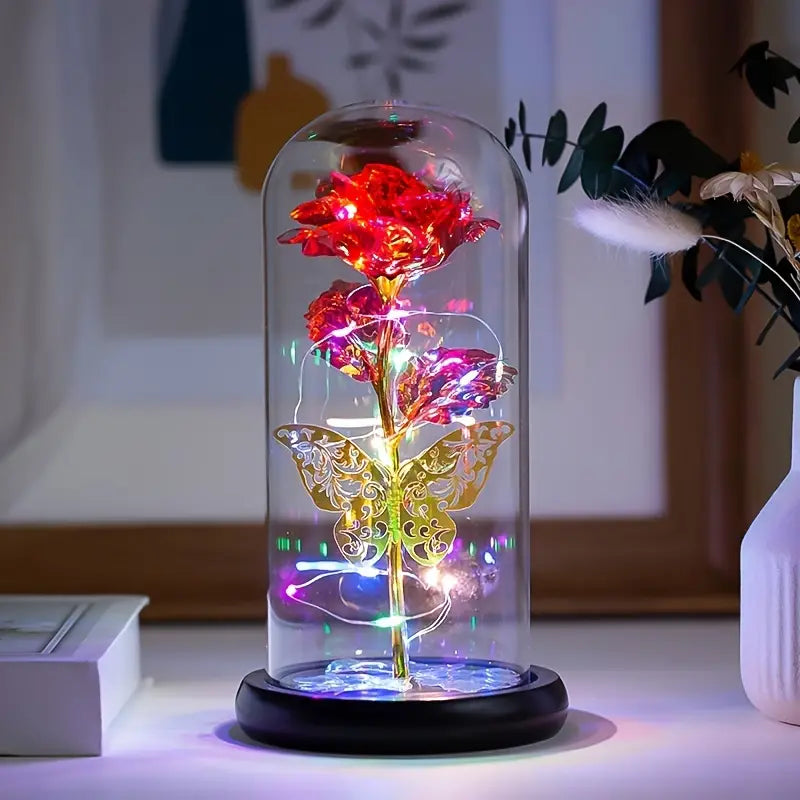 Light Up Galaxy Rose with Pink Butterfly in Glass Dome