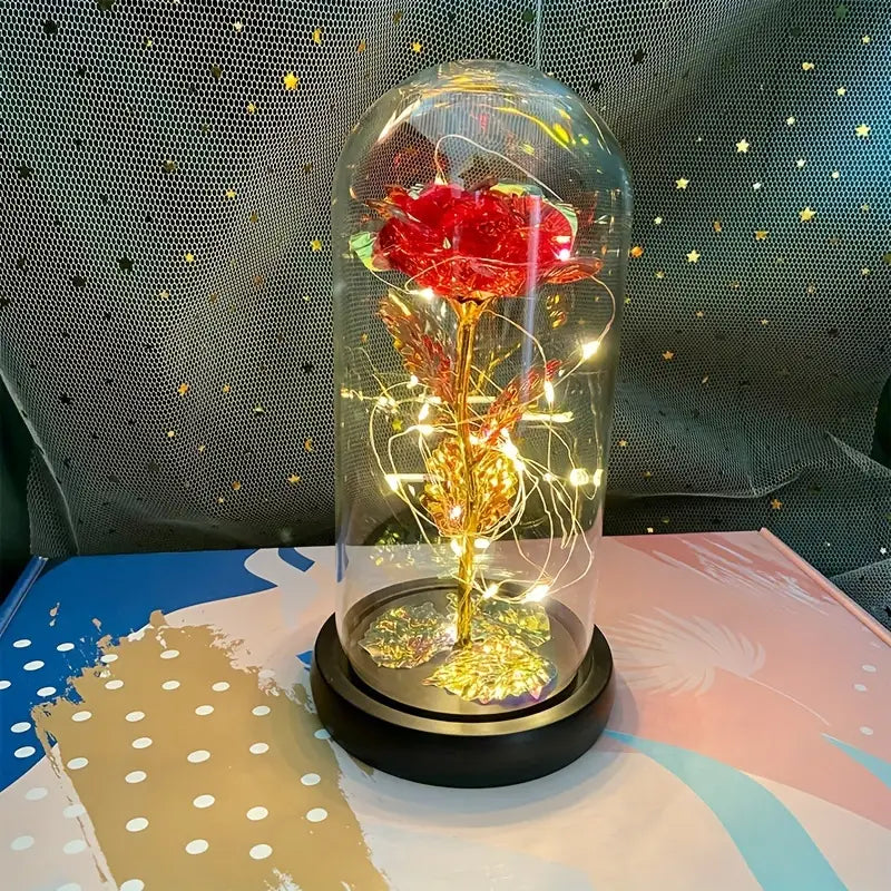 Light Up Galaxy Rose with Pink Butterfly in Glass Dome