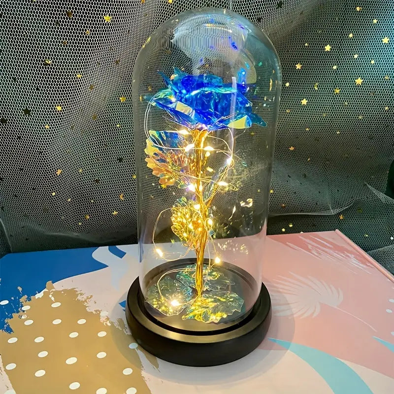 Light Up Galaxy Rose with Pink Butterfly in Glass Dome