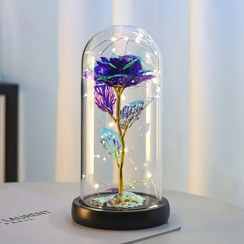Light Up Galaxy Rose with Pink Butterfly in Glass Dome
