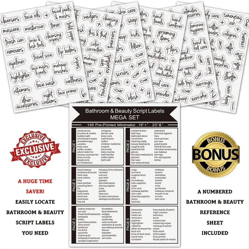 Bathroom Labels for Organization - 149 Pcs Waterproof Stickers