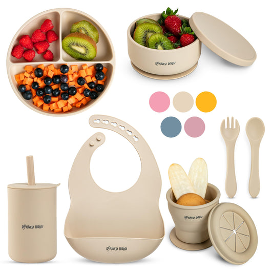 Bouncy Baby Silicone Baby Feeding Set 8 PCS Baby Led Weaning Supplies with Baby Plates and Utensils Set Baby Spoon and Fork Adjustable Bib Baby Silicone Feeding Set (Beige)